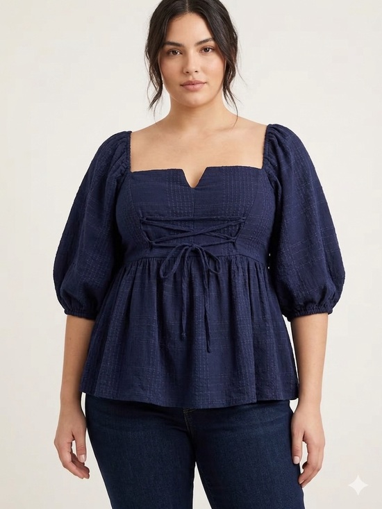 Trixxi Tops - Trixxi Navy Square-Neck Peplum Top with Puff Sleeves Coquette Cottagecore Boho